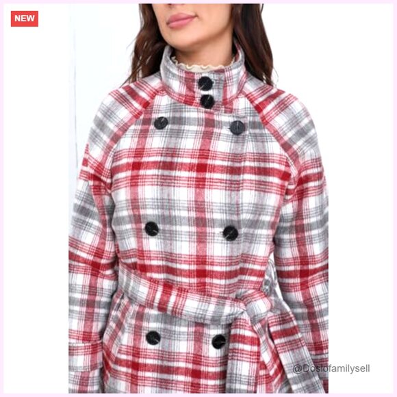 Long Wool Plaid Pea Coat Double Breast Midi Trench Overcoat with Belt - Picture 4 of 7